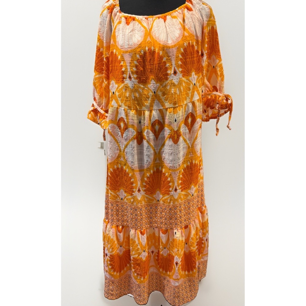 Bohemian Crepe Midi Dress Orange Yellow Batik Pattern Retro Short Sleeve Medium